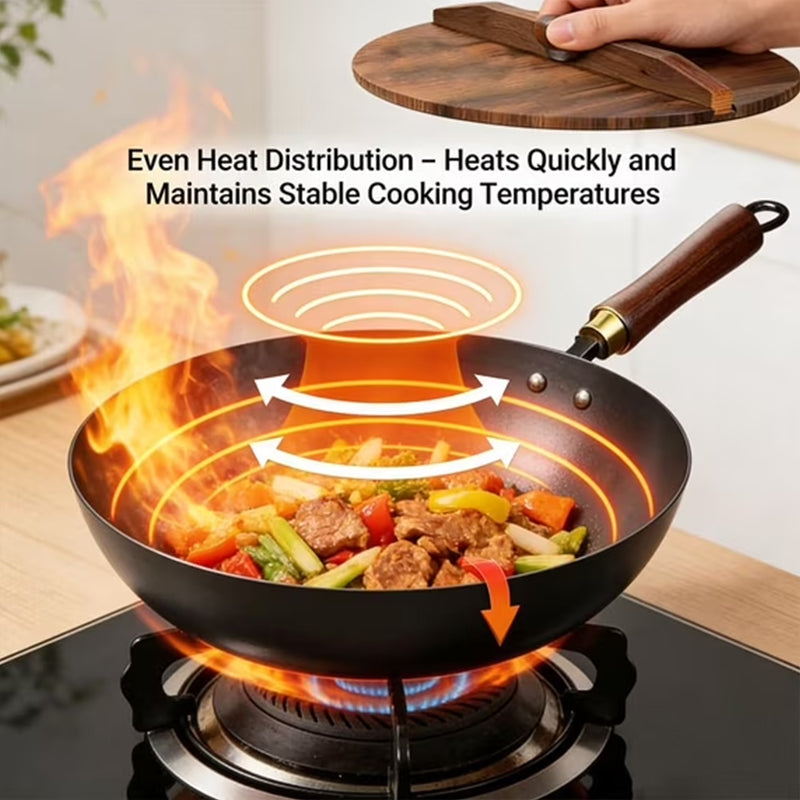 Hand-Forged Iron Wok 24/28cm Uncoated with Wood Lid for Induction Gas
