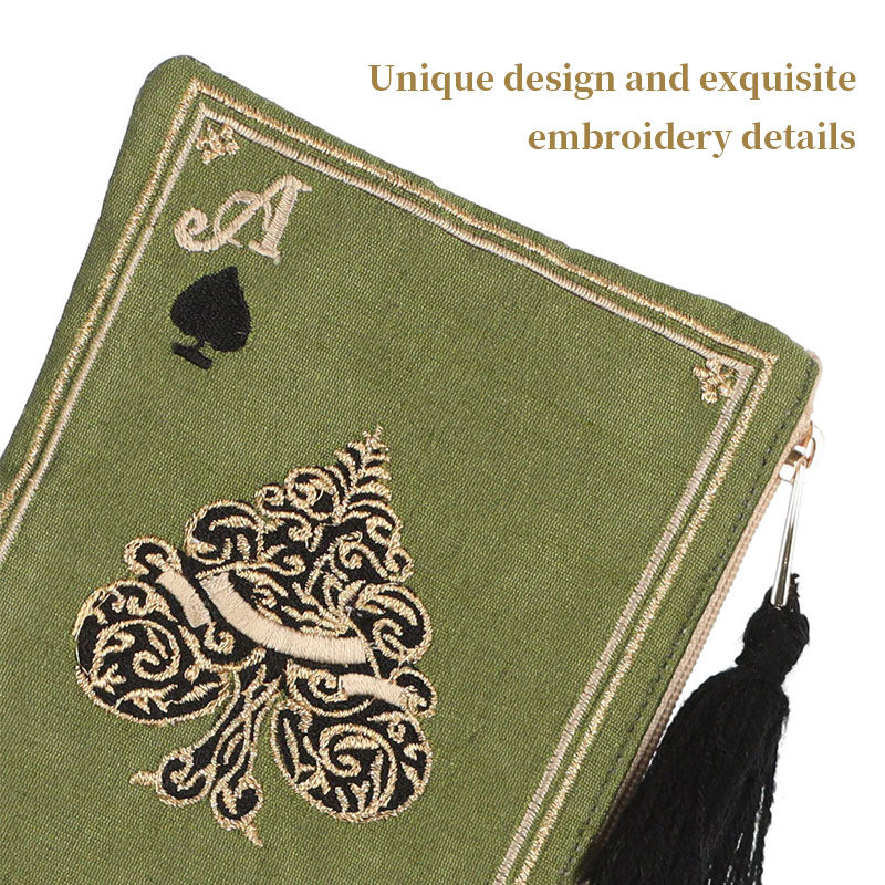 Japanese Playing Card Embroidered Cosmetic Bag, Ethnic Fringe Coin Purse Retro Storage Pouch