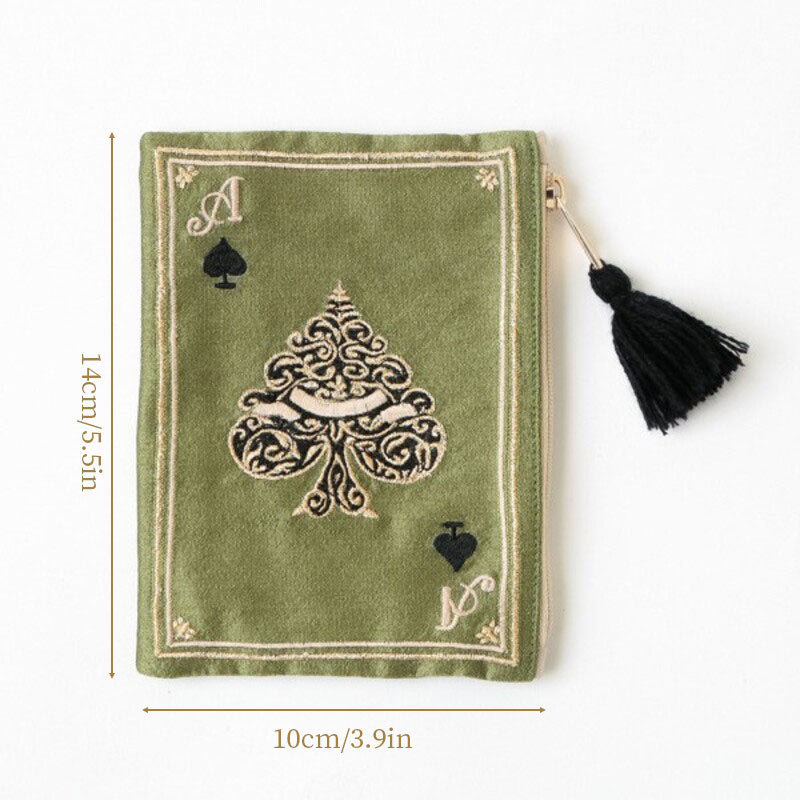 Japanese Playing Card Embroidered Cosmetic Bag, Ethnic Fringe Coin Purse Retro Storage Pouch